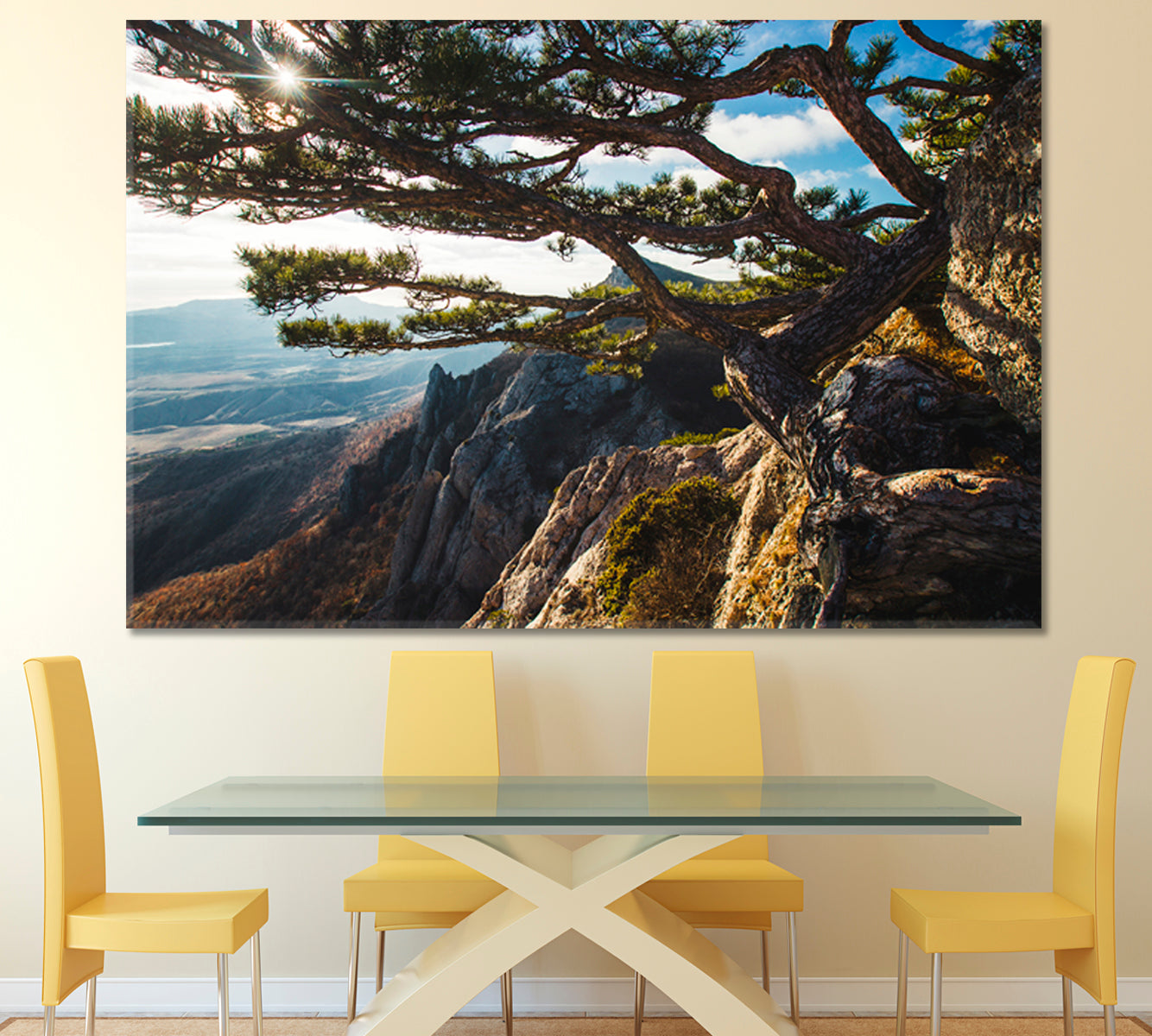 Breathtaking Beautiful Mountains Sunset Big Pine Tree on the Rock Nature Wall Canvas Print Artesty 1 panel 24" x 16" 