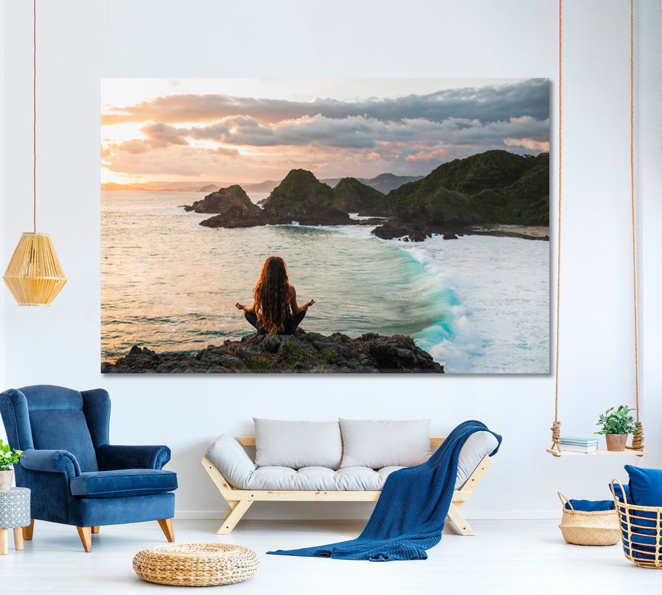 ASANA Woman and Ocean Wave Tropical Island Spiritual Spa, Zen Wall Canvas Art Artesty 1 panel 24" x 16" 