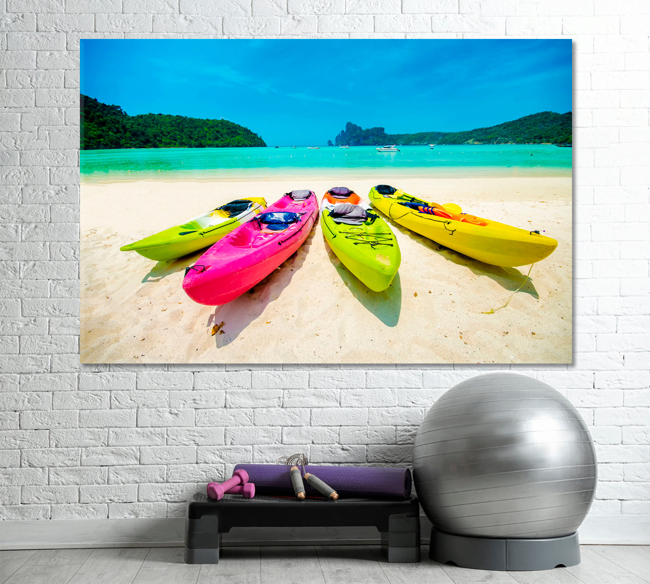 ADVENTURE Colorful Kayaks Boat Caribbean Beach Blue Ocean Traveling Around Ink Canvas Print Artesty   