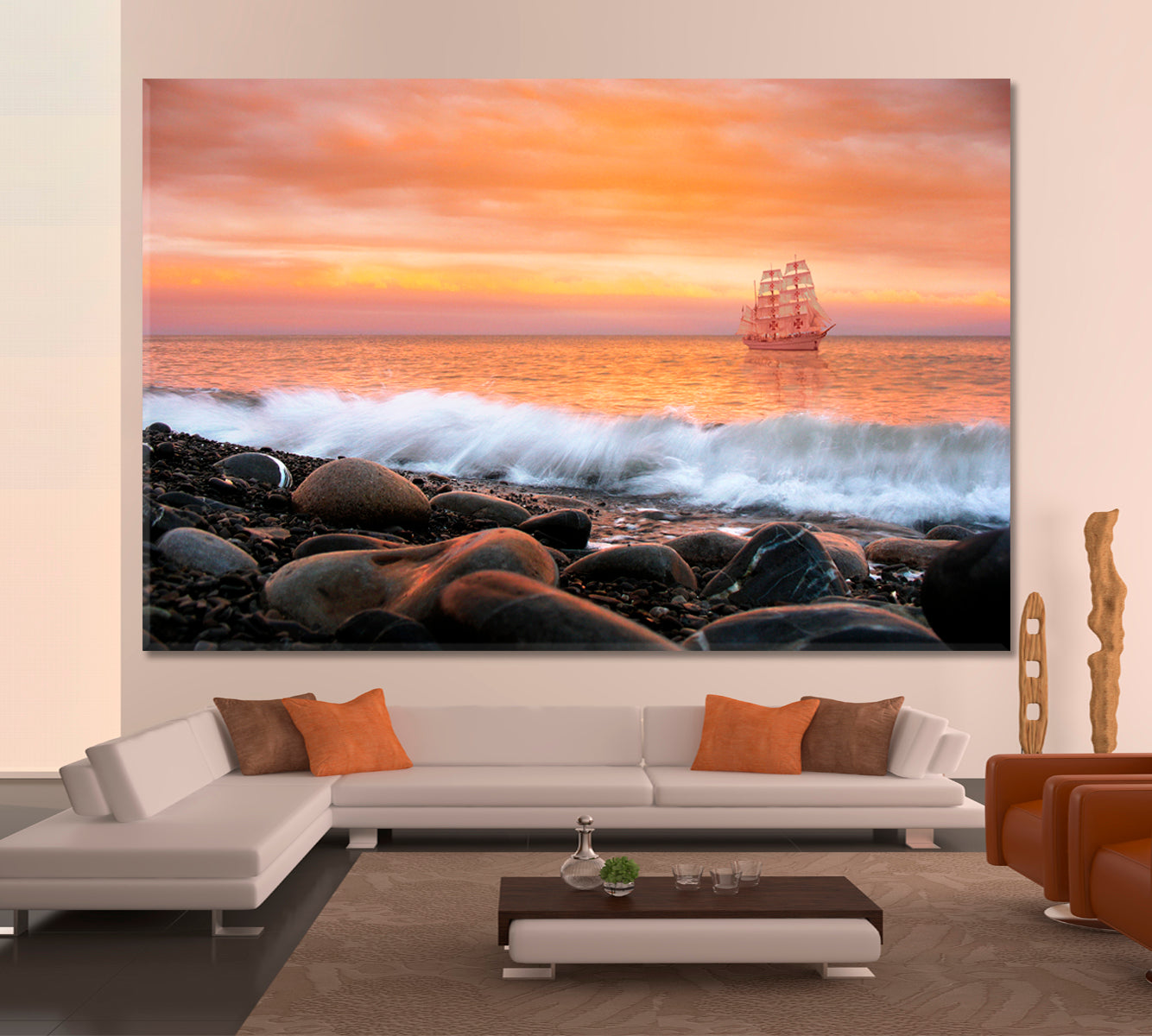 SCARLET SAILS Alone Ship Sea Waves Rocks Sky Beautiful Landscape Canvas Print Scenery Landscape Fine Art Print Artesty   