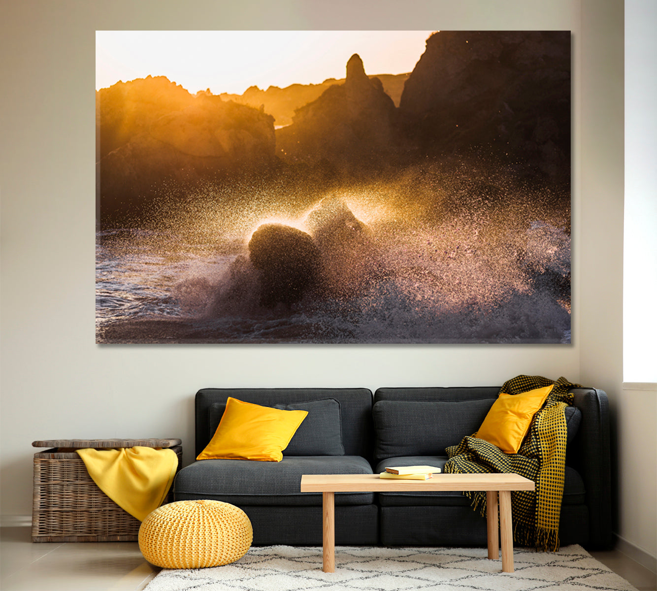 CLIFF Waves crashing on Rocks in Sunlight Nature Wall Canvas Print Artesty   