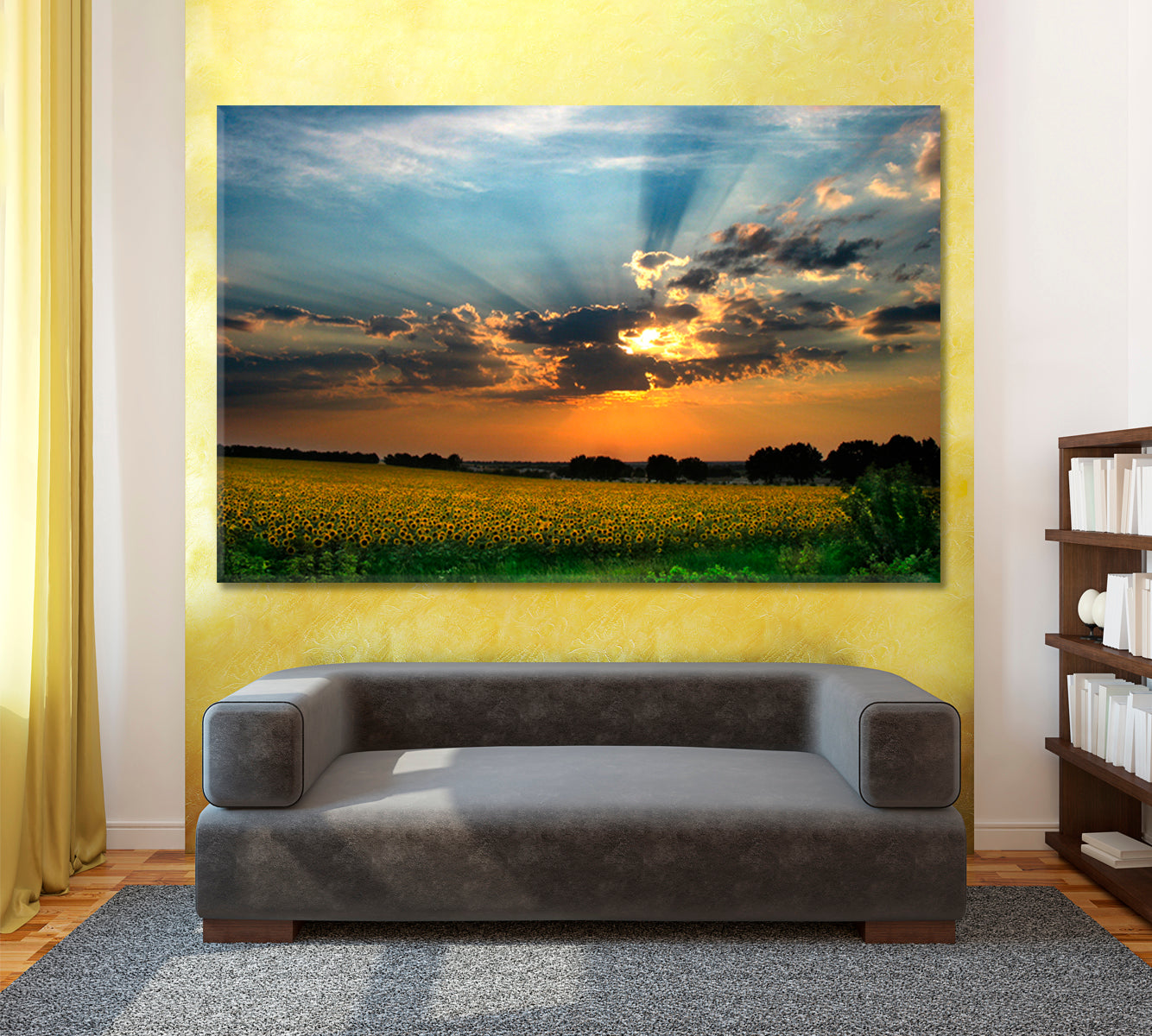 Colorful Sunset Sun Rays Amazing Field of Sunflowers Landscape Scenery Landscape Fine Art Print Artesty 1 panel 24" x 16" 