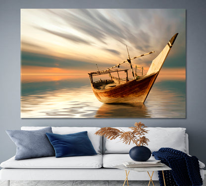 Lonely Boat Middle of the Sea Breathtaking Artistic Landscape Marine Life Canvas Print Scenery Landscape Fine Art Print Artesty   