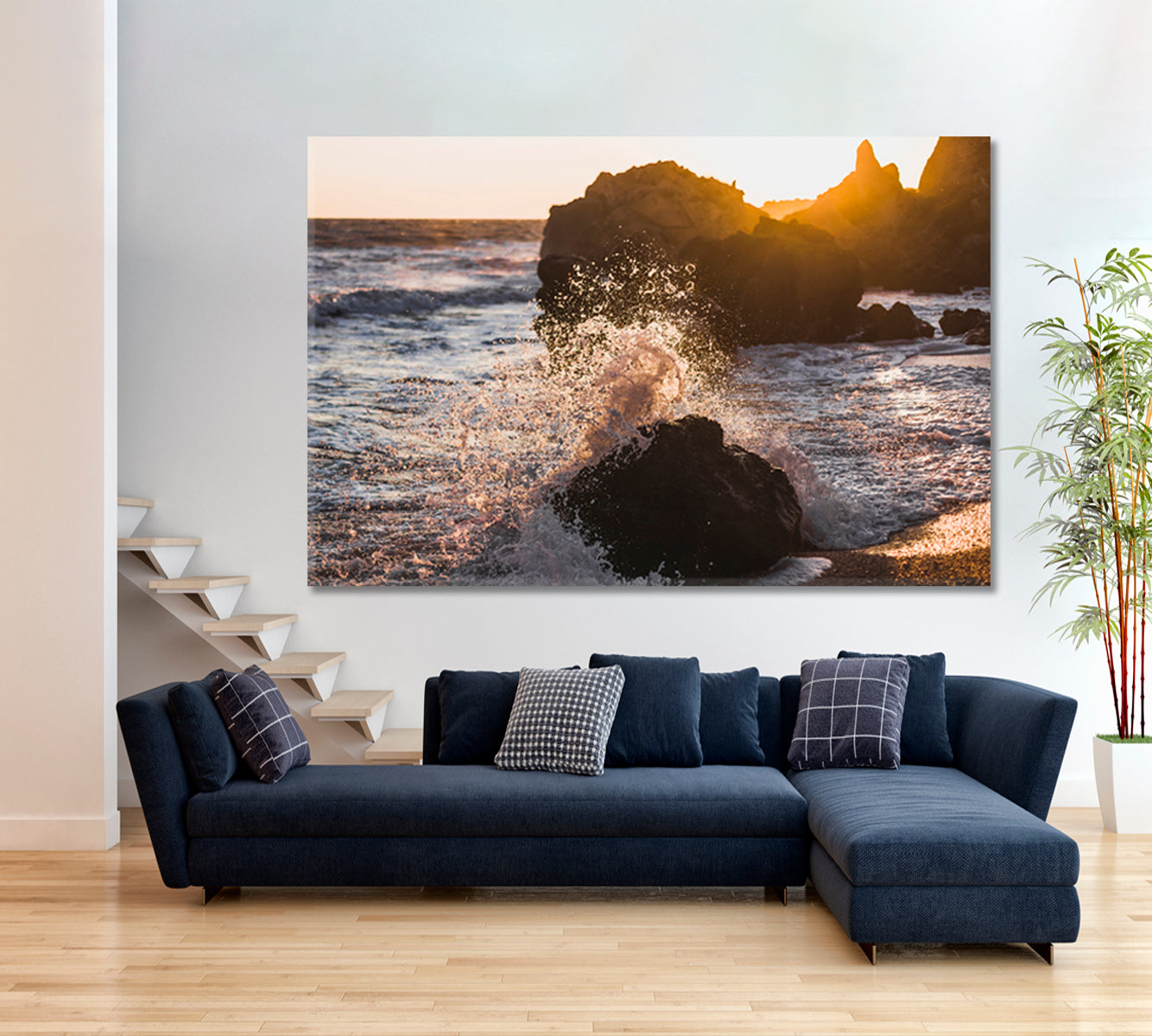 Waves Crashing on Rocks Sunlight Sea Marina Scenery Seascape Nature Wall Canvas Print Artesty   