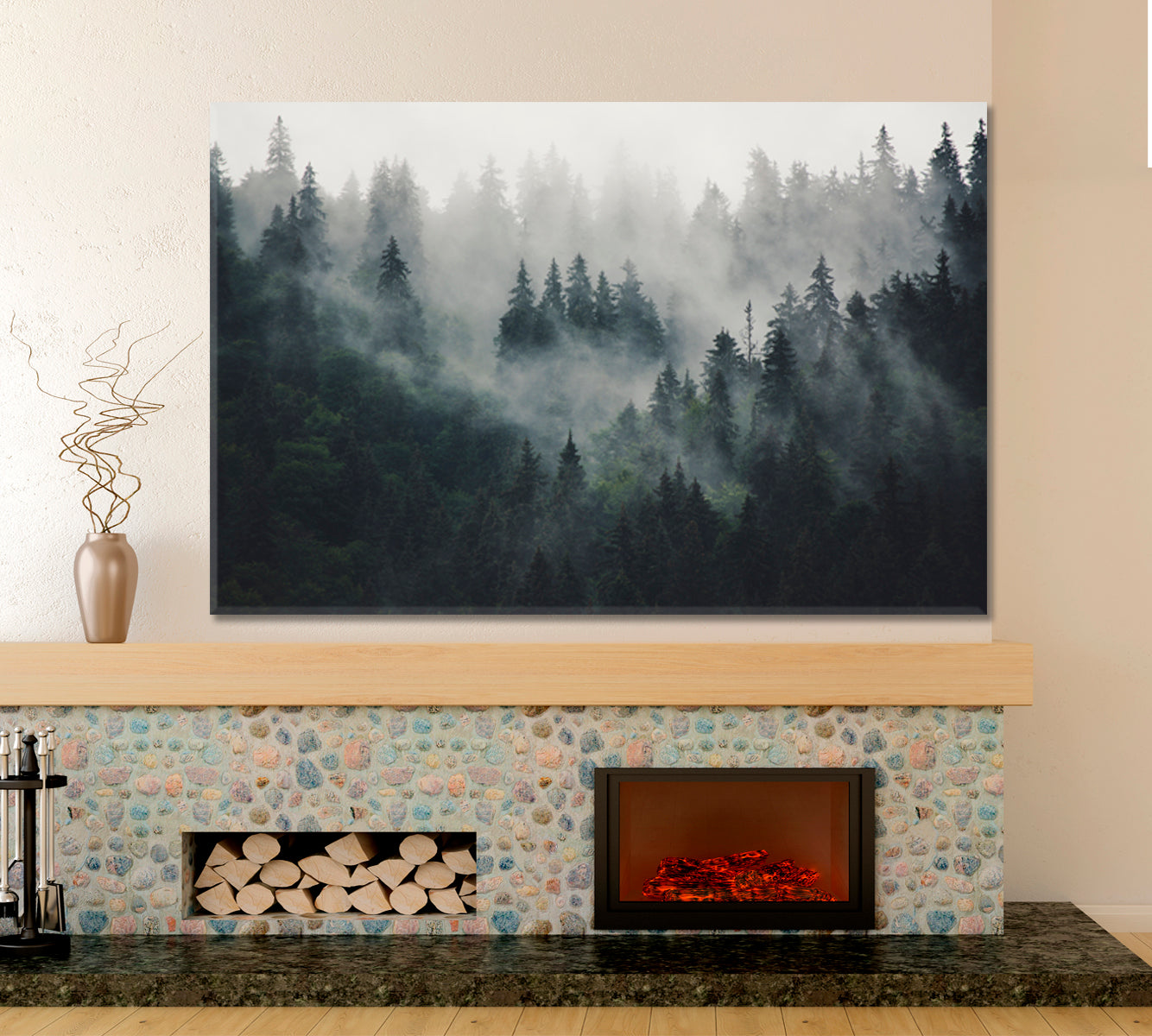 Misty Landscape Fir Forest in Hipster Vintage Retro Style Canvas Print Nature Wall Canvas Print Artesty   