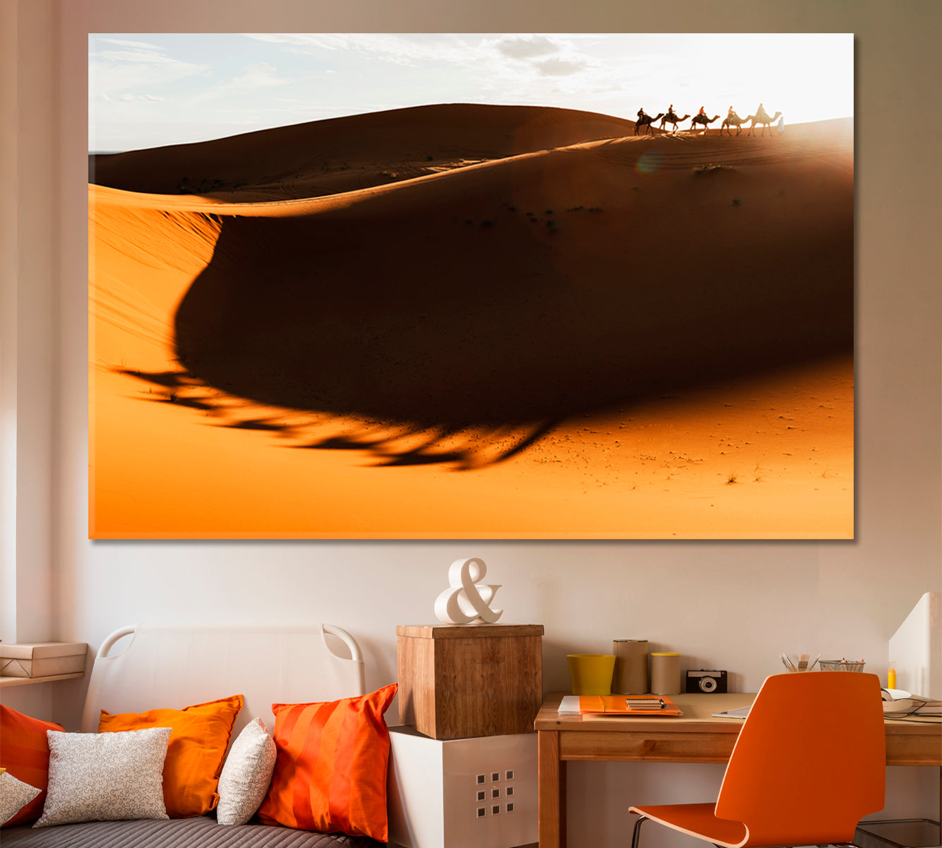 CAMEL CARAVAN Desert Sand Dunes Light of Sunset Shadows Sahara Canvas Print Scenery Landscape Fine Art Print Artesty 1 panel 24" x 16" 