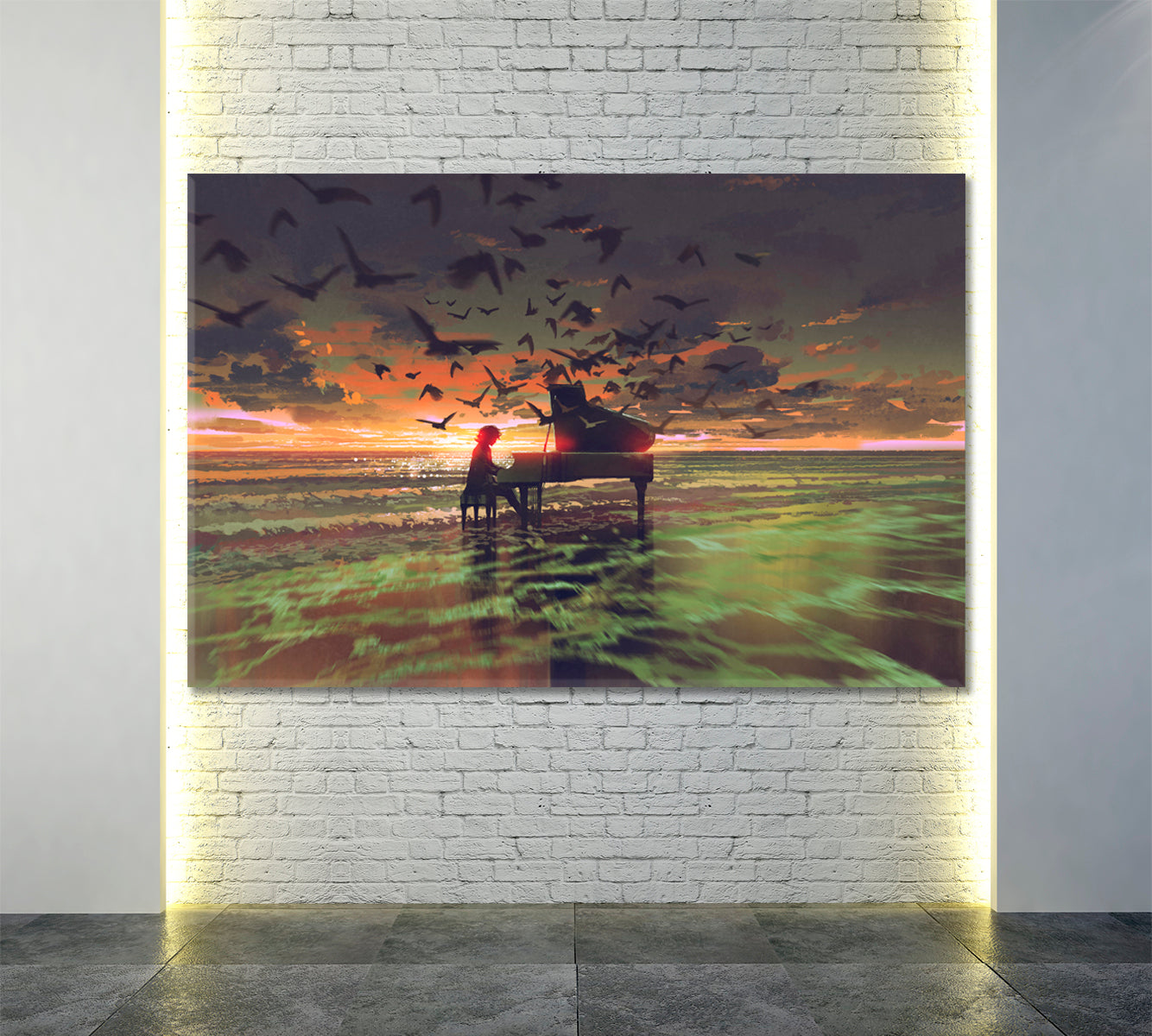 FANTASY Pianist On The Ocean Stunning Unique Mysterious Surreal Fantasy Large Art Print Décor Artesty 1 panel 24" x 16" 