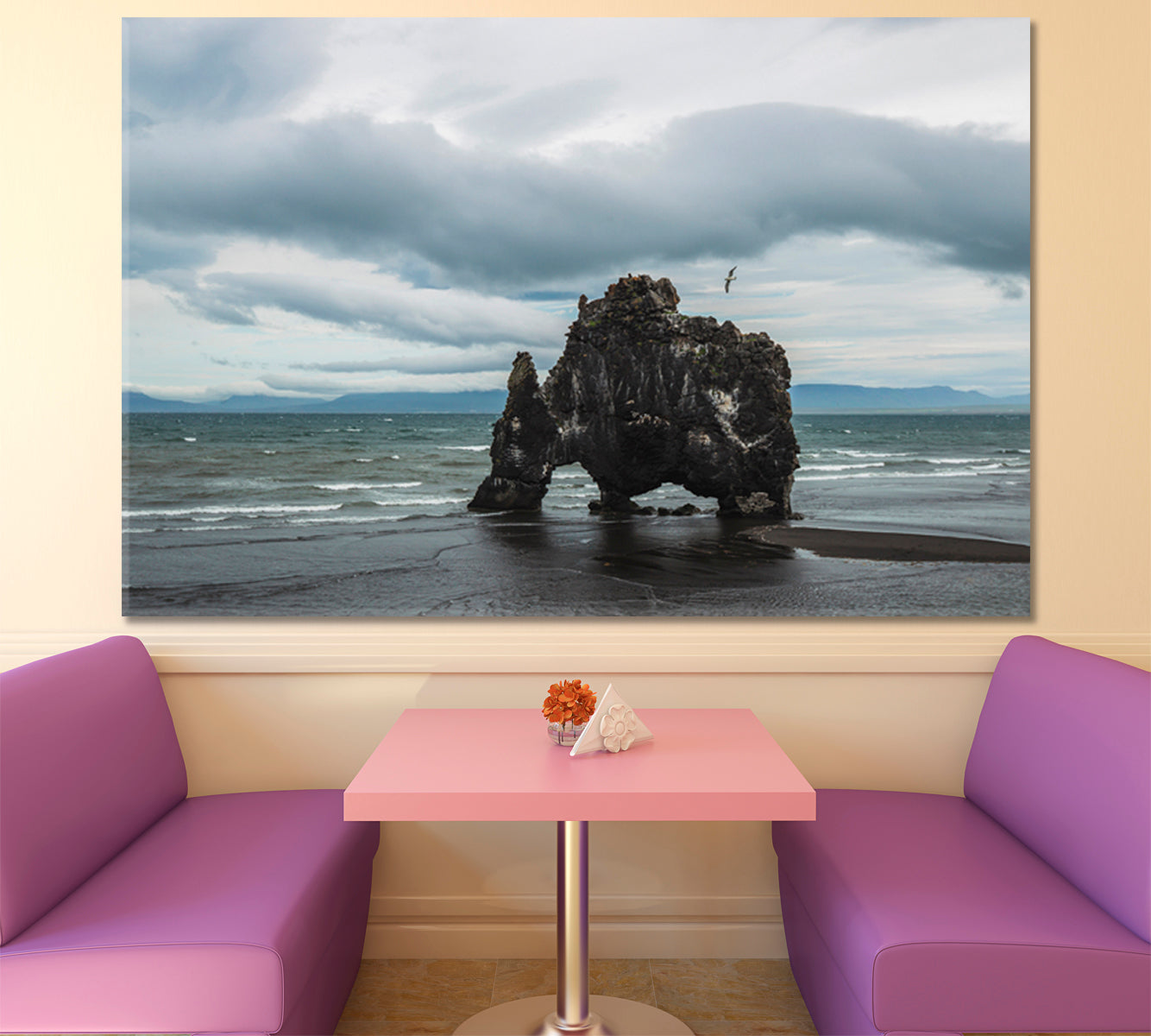 Hvitserkur Stone Rock in Mammoth Shape Vatnsnes Peninsula Iceland Hunafloi Bay Canvas Print Famous Landmarks Artwork Print Artesty   