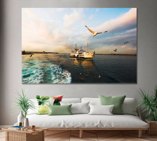 FAR SIDE OF THE SEA Blue Skies Bluer Water Seagull Morning Ferry in the Strait Scenery Landscape Fine Art Print Artesty   