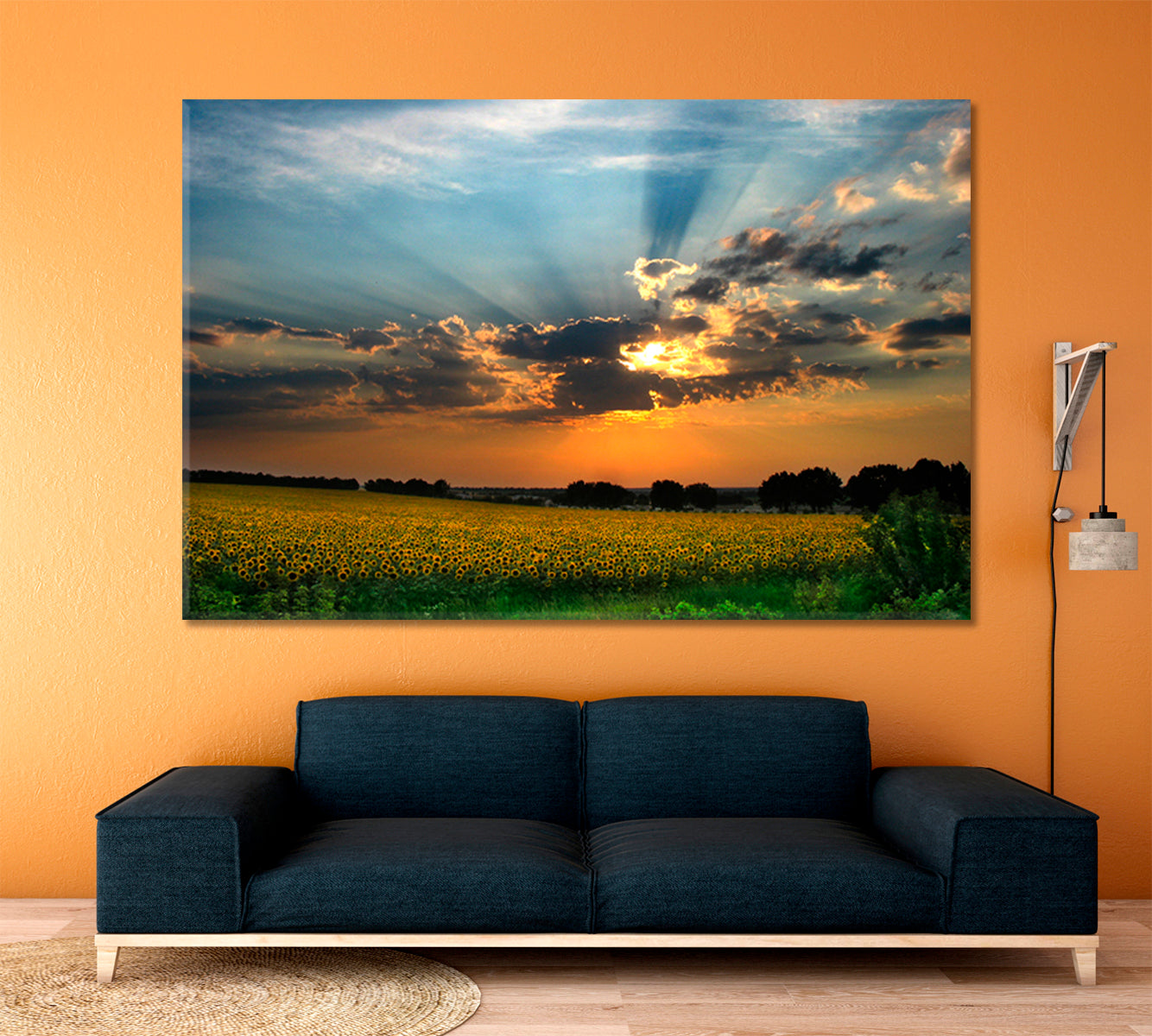 Colorful Sunset Sun Rays Amazing Field of Sunflowers Landscape Scenery Landscape Fine Art Print Artesty   