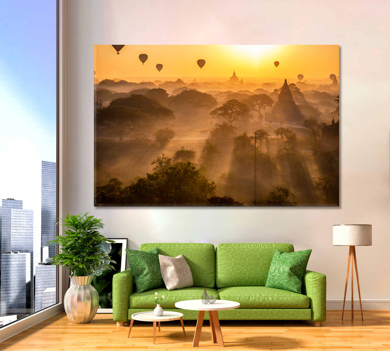 Buddhism Attraction Misty Landscape Sunrise Air Balloons Ancient Pagoda Myanmar Bagan Old Kingdom Burma Asia Asian Style Canvas Print Wall Art Artesty   