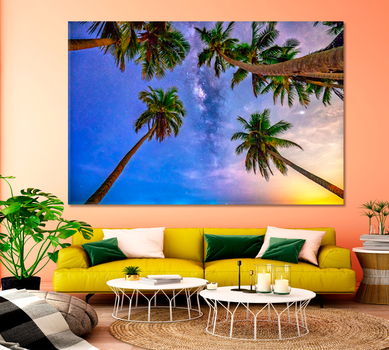 Coconut Palms Trees Milky Way Sky on a beautiful Summer Night Landscape Tropical, Exotic Art Print Artesty   