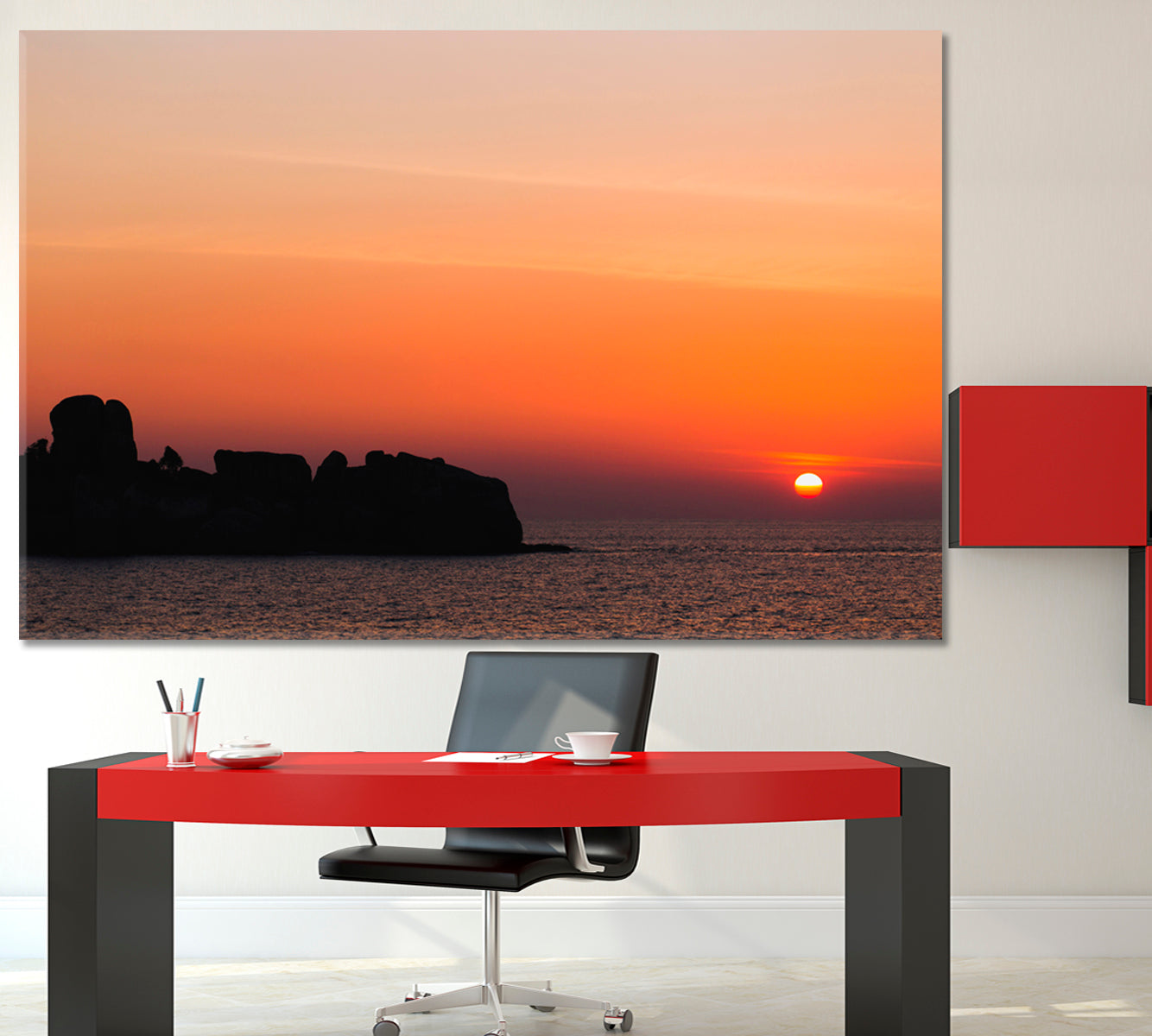 Bright Orange Sunset Over Ocean Tropical Island Landscape Scenery Landscape Fine Art Print Artesty 1 panel 24" x 16" 