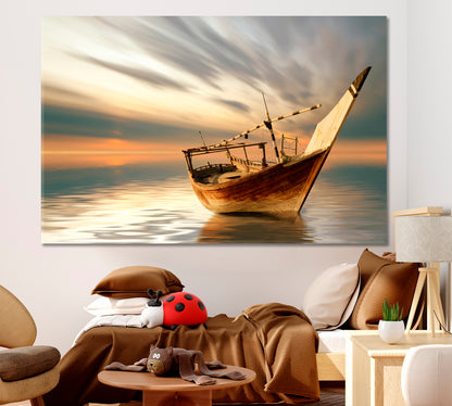 Lonely Boat Middle of the Sea Breathtaking Artistic Landscape Marine Life Canvas Print Scenery Landscape Fine Art Print Artesty   