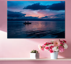 Peaceful Scenery Landscape Mountain Lake and Boat with Fishermen Scenery Landscape Fine Art Print Artesty   