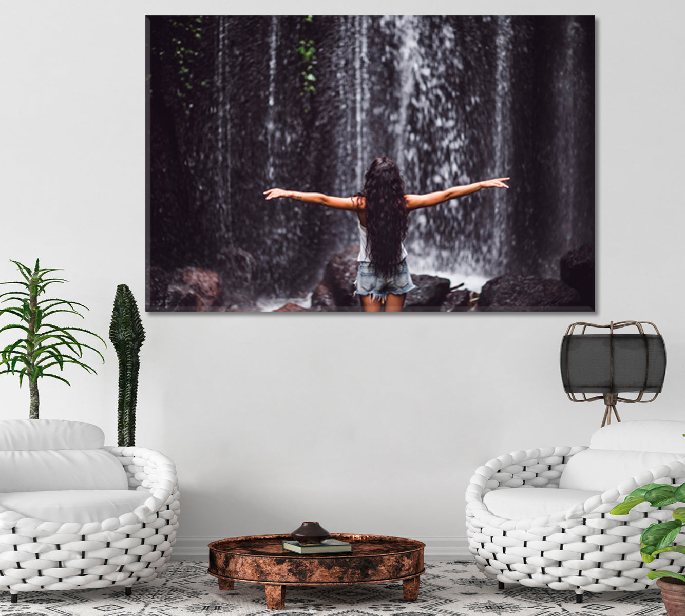 UNDER WATERFALL Cascade Tropical Rainforest Nature Beautiful Girl Nature Wall Canvas Print Artesty   