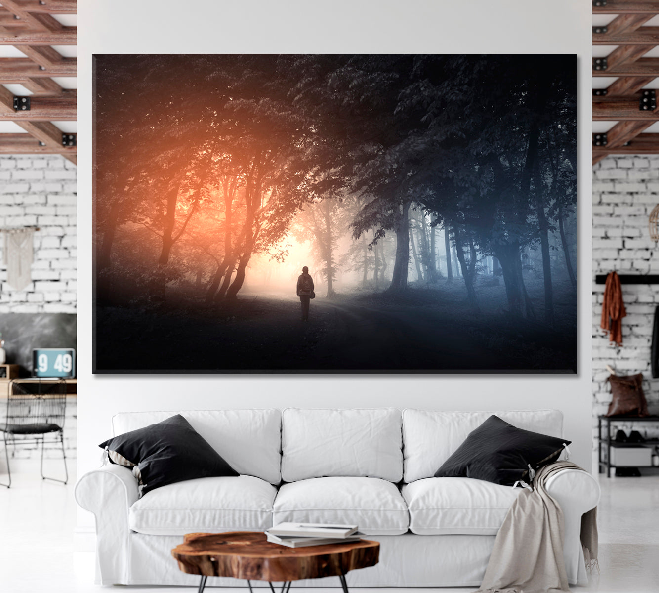 PATH TO THE LIGHT Mysterious Landscape Fantastic Surreal Misty Forest Trees Man Walking on the Path Scenery Landscape Fine Art Print Artesty 1 panel 24" x 16" 