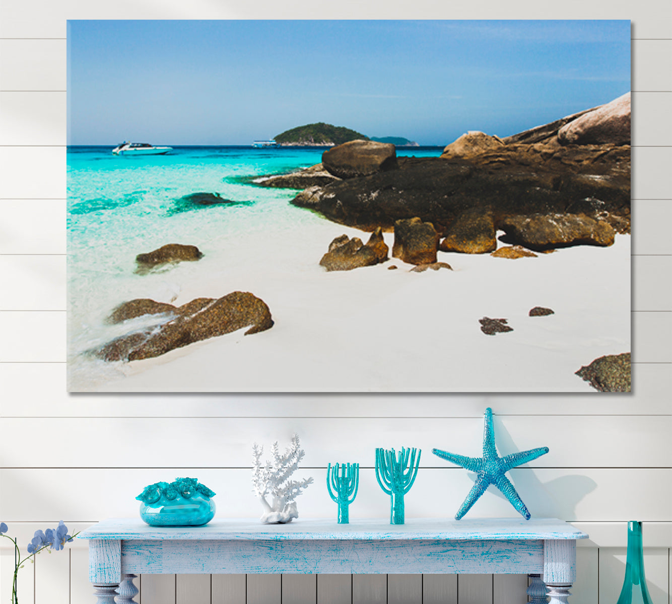 Tropical Island White Sand Beach Sea bay Clear Emerald Water Large Black Stones Idyllic Romantic Place Tropical, Exotic Art Print Artesty 1 panel 24" x 16" 