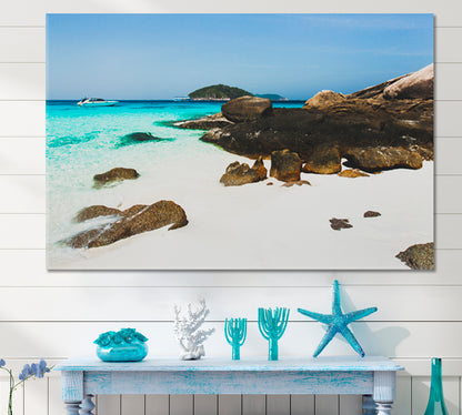 Tropical Island White Sand Beach Sea bay Clear Emerald Water Large Black Stones Idyllic Romantic Place Tropical, Exotic Art Print Artesty 1 panel 24" x 16" 