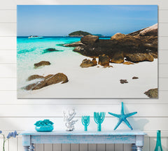 Tropical Island White Sand Beach Sea bay Clear Emerald Water Large Black Stones Idyllic Romantic Place Tropical, Exotic Art Print Artesty 1 panel 24" x 16" 