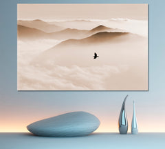 Breathtaking Landscape Sky and Mountain Mist, Silhouettes of Misty Mountains, bird flying, sepia toning Skyscape Canvas Artesty 1 panel 24" x 16" 