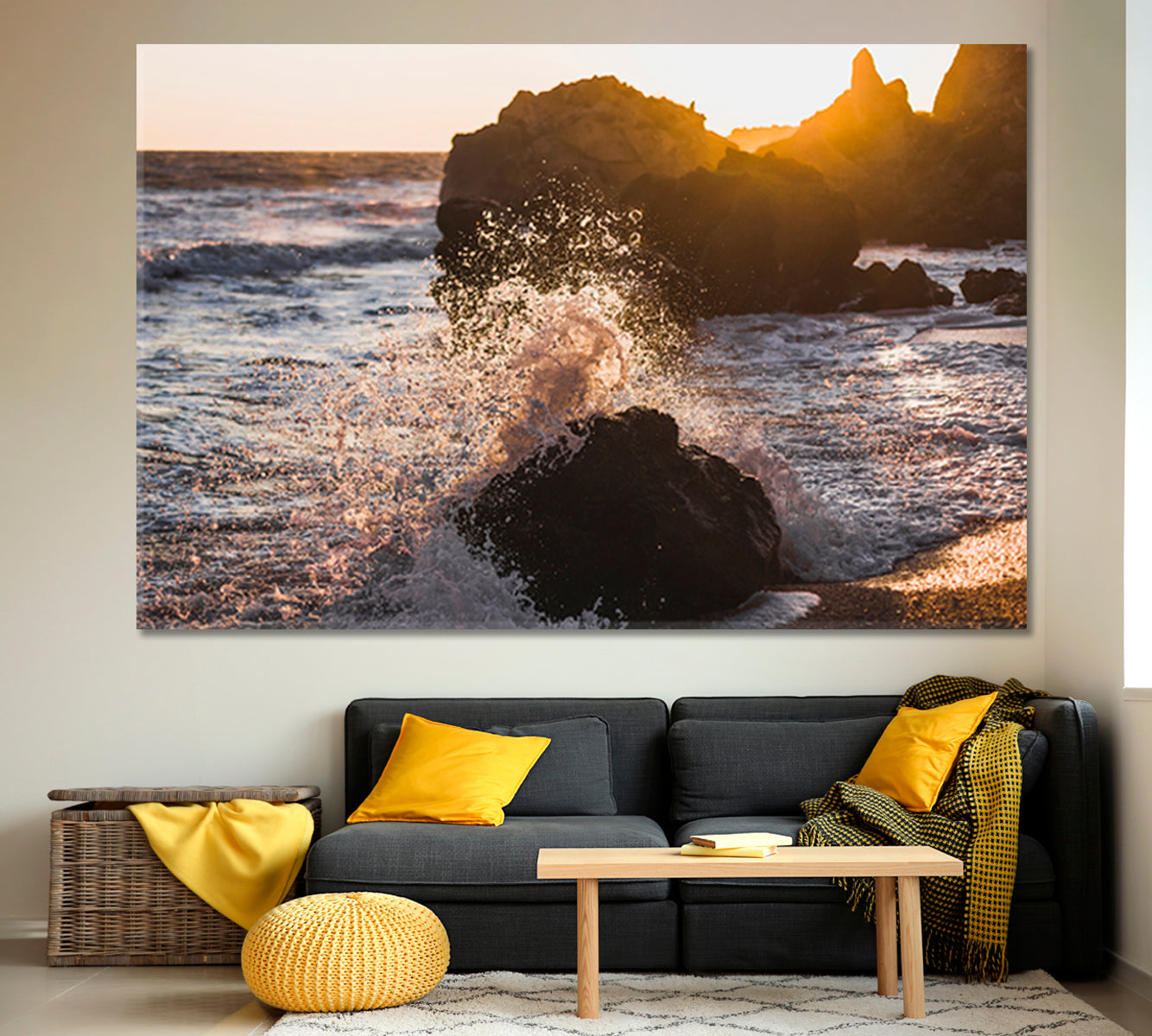 Waves Crashing on Rocks Sunlight Sea Marina Scenery Seascape Nature Wall Canvas Print Artesty   