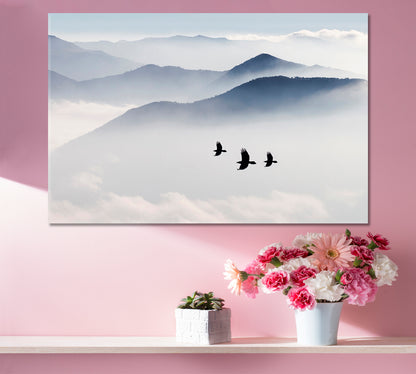 MISTY Mountains Birds Flying Sky Clouds Nature Wall Canvas Print Artesty   