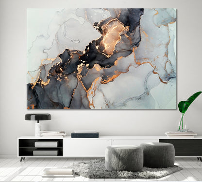 Luxury Abstract Fluid Art Alcohol Ink Technique Black Gold Effect Canvas Print Fluid Art, Oriental Marbling Canvas Print Artesty   