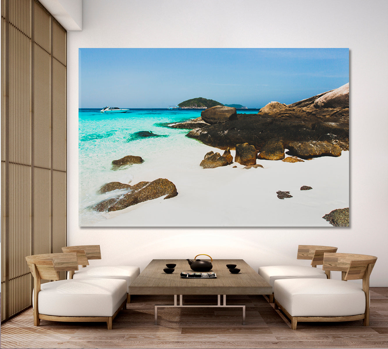 Tropical Island White Sand Beach Sea bay Clear Emerald Water Large Black Stones Idyllic Romantic Place Tropical, Exotic Art Print Artesty   