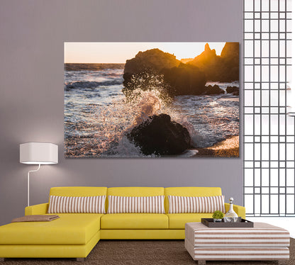 Waves Crashing on Rocks Sunlight Sea Marina Scenery Seascape Nature Wall Canvas Print Artesty   