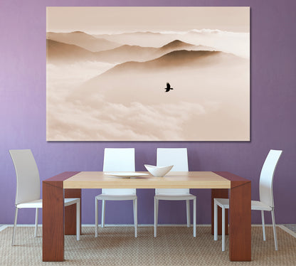 Breathtaking Landscape Sky and Mountain Mist, Silhouettes of Misty Mountains, bird flying, sepia toning Skyscape Canvas Artesty   