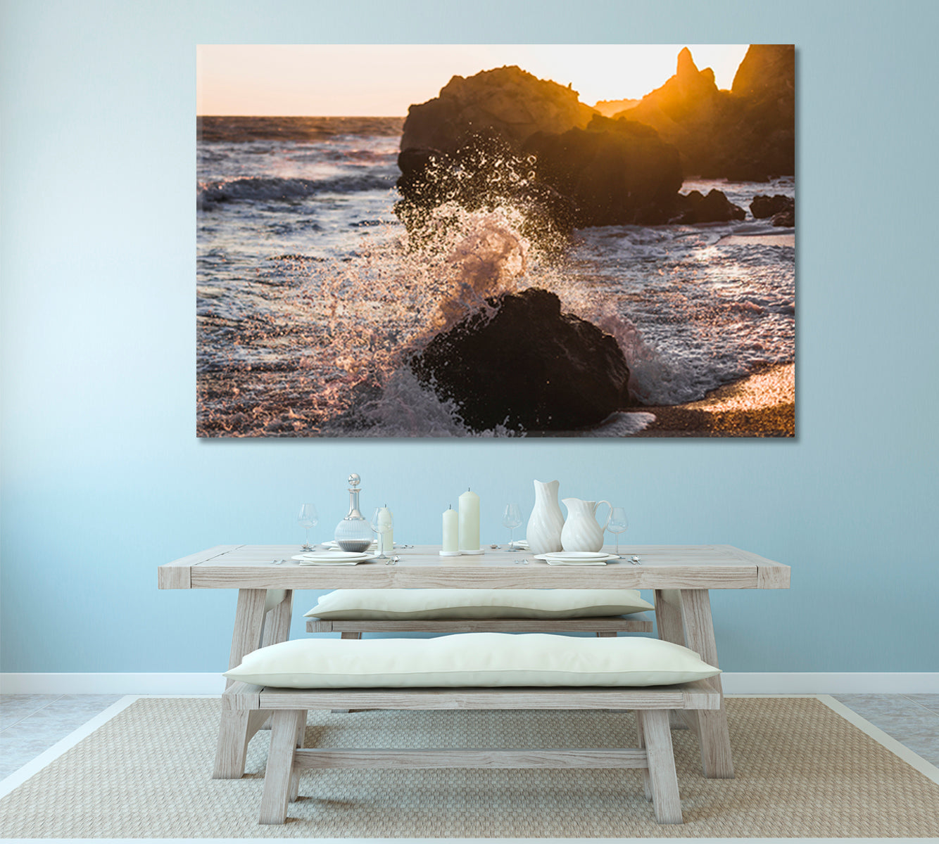 Waves Crashing on Rocks Sunlight Sea Marina Scenery Seascape Nature Wall Canvas Print Artesty 1 panel 24" x 16" 