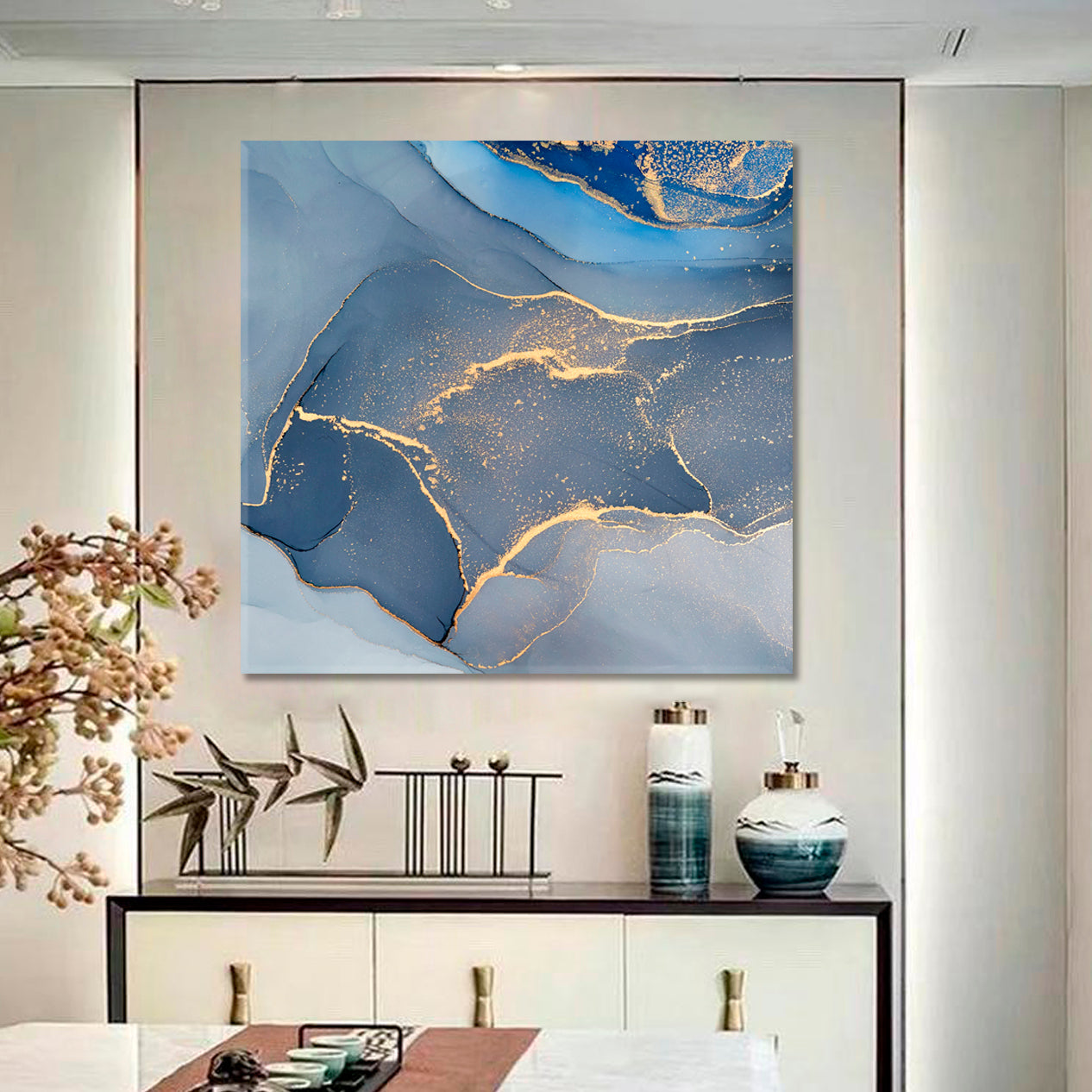 MARBLE ORIENTAL Blue Abstract Modern Fluid Art Suminagashi Ebru | Square Fluid Art, Oriental Marbling Canvas Print Artesty   