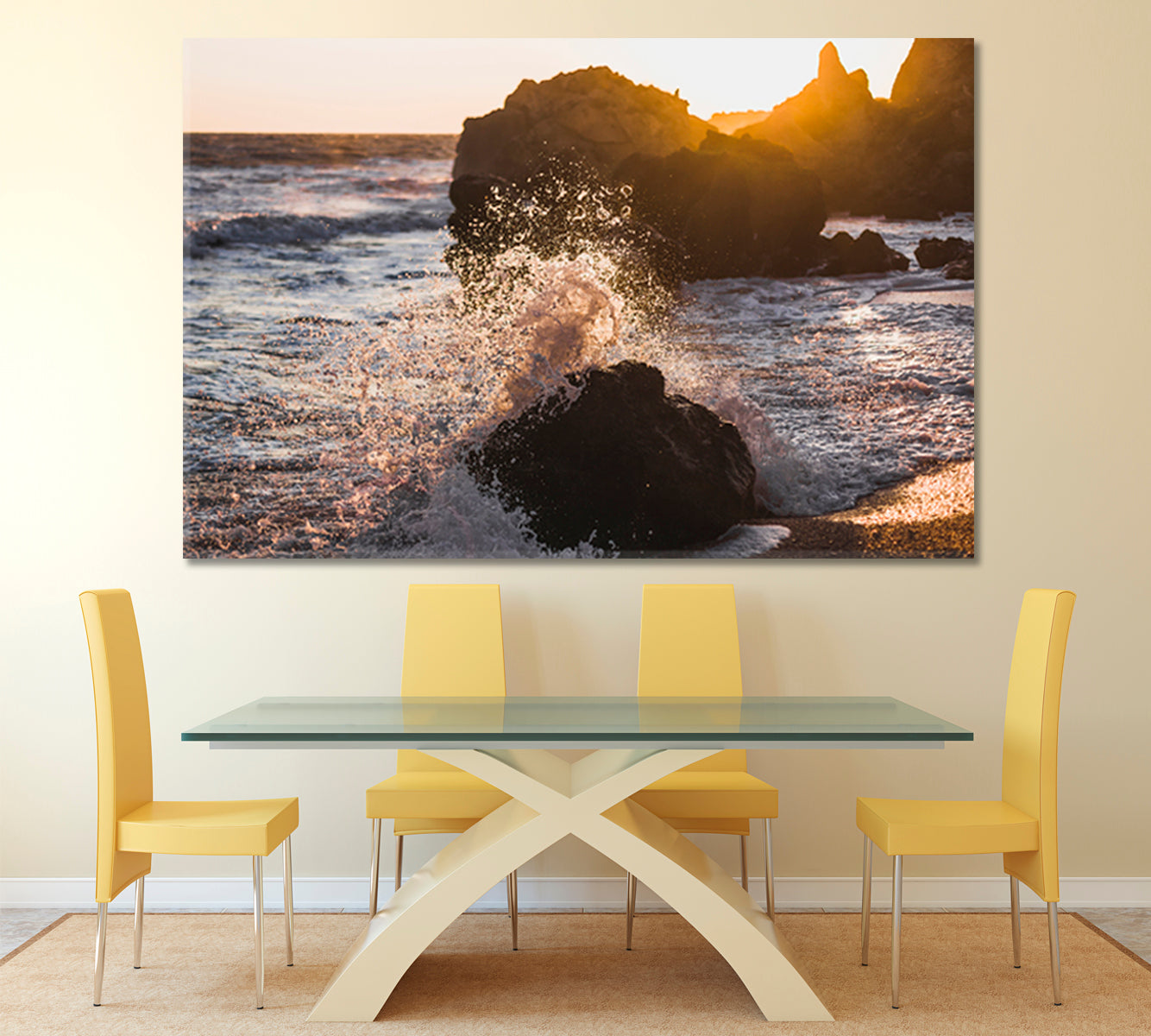 Waves Crashing on Rocks Sunlight Sea Marina Scenery Seascape Nature Wall Canvas Print Artesty   