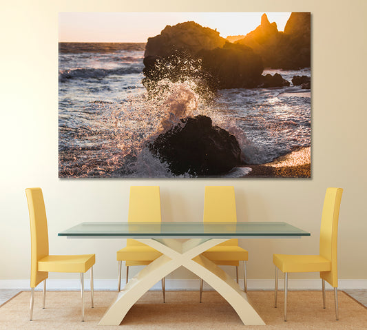 Waves Crashing on Rocks Sunlight Sea Marina Scenery Seascape Nature Wall Canvas Print Artesty   