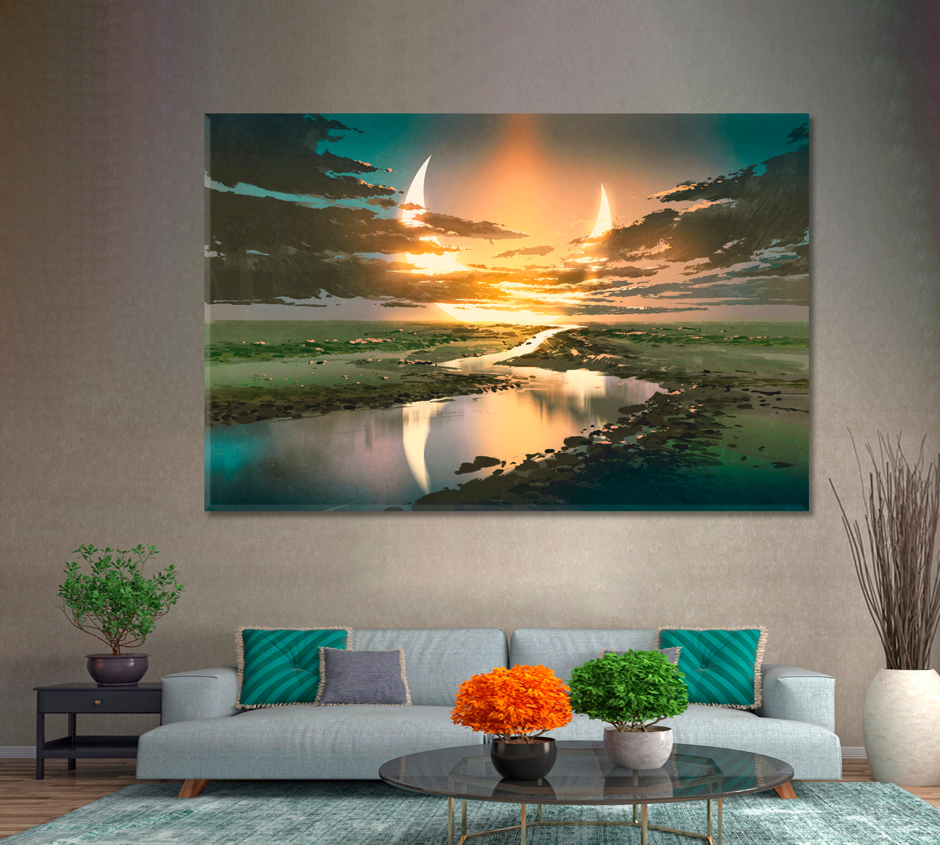 Beautiful Fantasy Landscape Water Road Dark Clouds Crescent Moon Sky Scenery Landscape Fine Art Print Artesty   