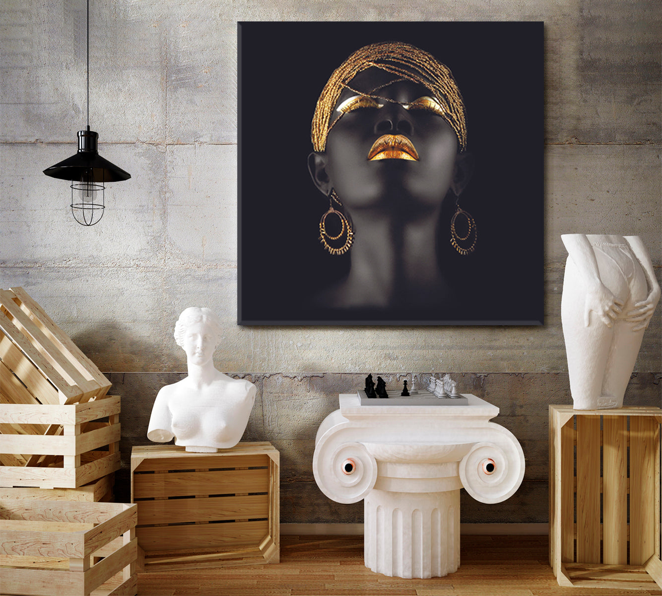 BEAUTIFUL Black and Gold African Woman Fantastic Make Up Face | Square Fashion Canvas Print Artesty   