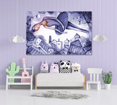 FANTASY Beautiful Ballerina Soars in a Dream Above the City, Cubist Style Canvas Print Cubist Trendy Large Art Print Artesty   
