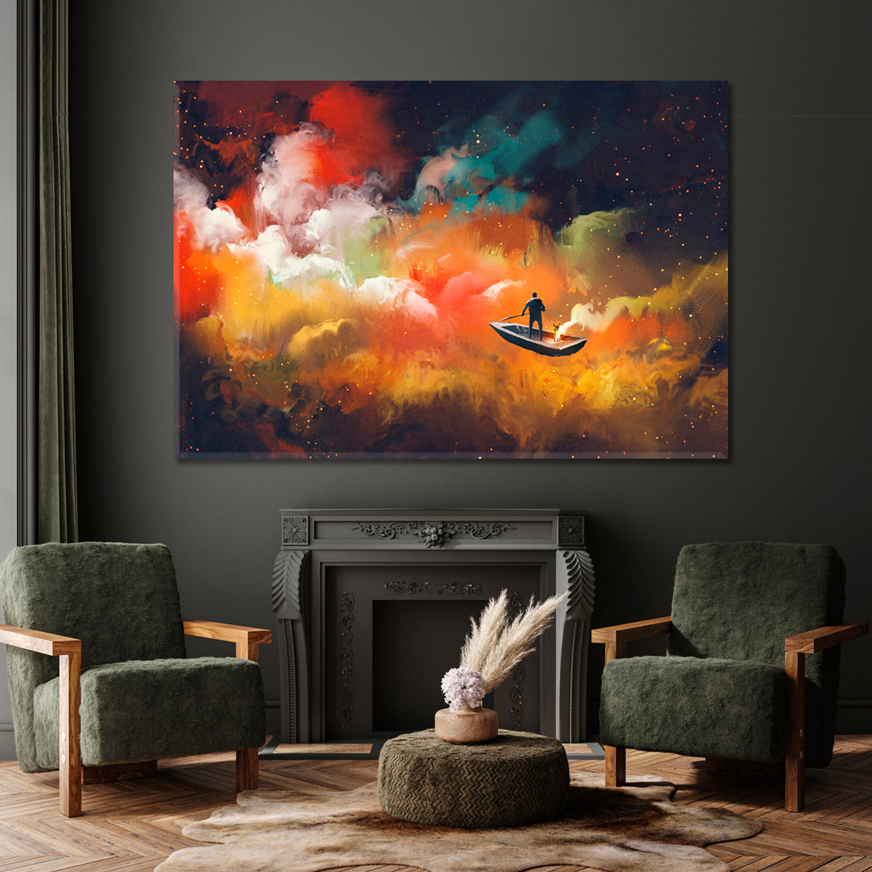 Surreal Dreamlike Man on Boat Outer Space Colorful Clouds Surreal Fantasy Large Art Print Décor Artesty   