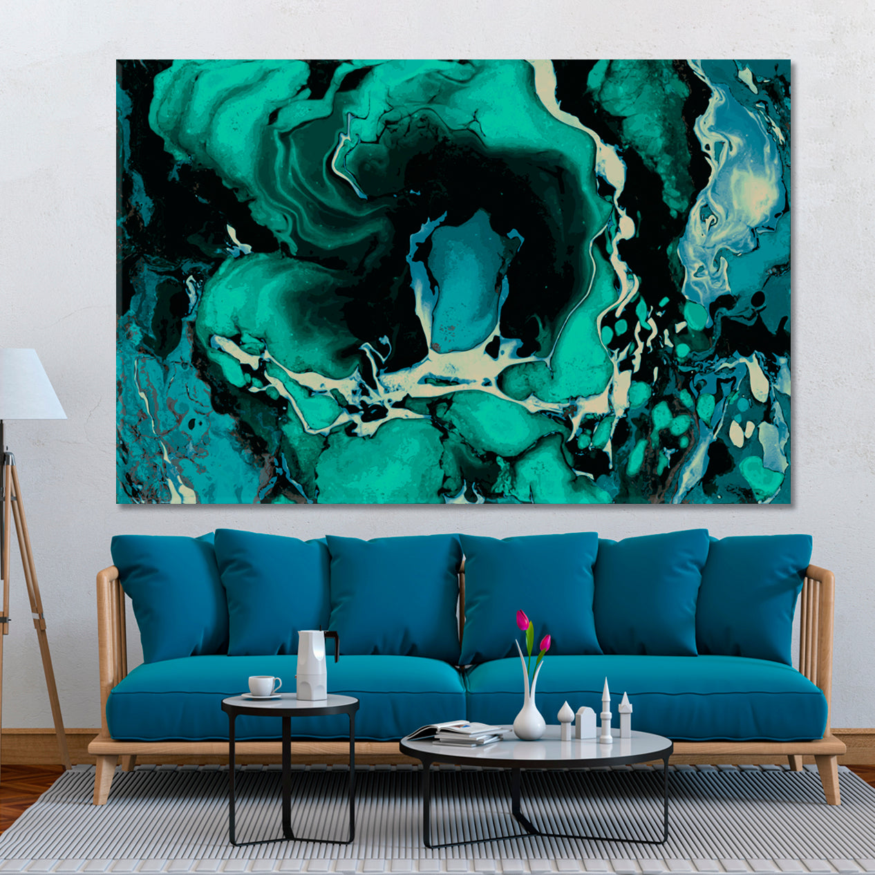 TEAL BLUE GREEN MIX Abstract Wavy Forms Fractal Futuristic Pattern Fluid Art, Oriental Marbling Canvas Print Artesty   