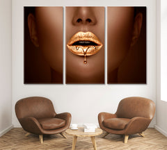 Beautiful Golden Lipstick Dripping Makeup Gold Lips Beauty Salon Artwork Prints Artesty 3 panels 36" x 24" 
