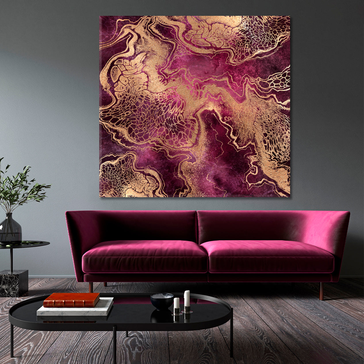 PINK PURPLE ROSE Golden Veins Marble Swirls Luxury Fashion Marbling Fluid Art, Oriental Marbling Canvas Print Artesty   