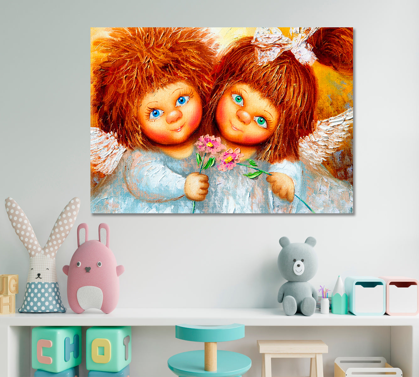Two Cute Little Girls Angels with Shaggy Red Hair Fine Art Canvas Print Kids Room Canvas Art Print Artesty   
