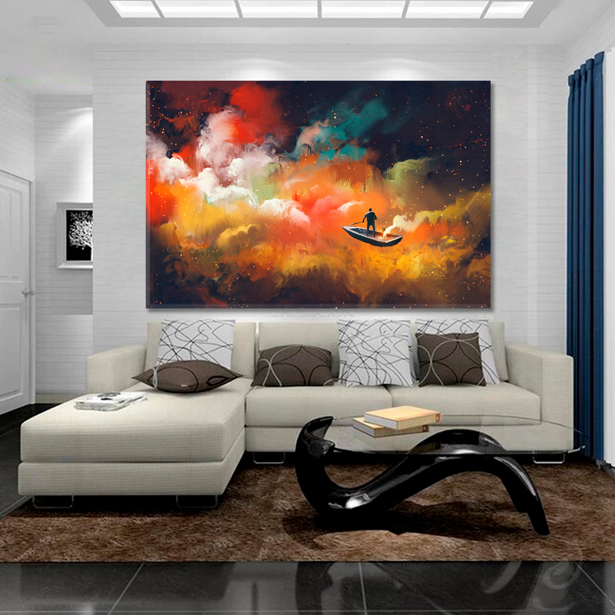 Surreal Dreamlike Man on Boat Outer Space Colorful Clouds Surreal Fantasy Large Art Print Décor Artesty   