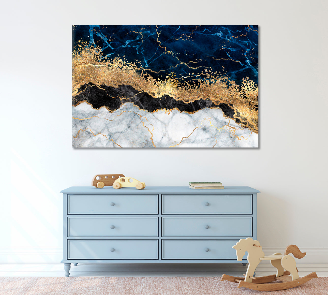 Abstract White Blue Marble Golden Veins Artistic Design Fluid Art, Oriental Marbling Canvas Print Artesty   