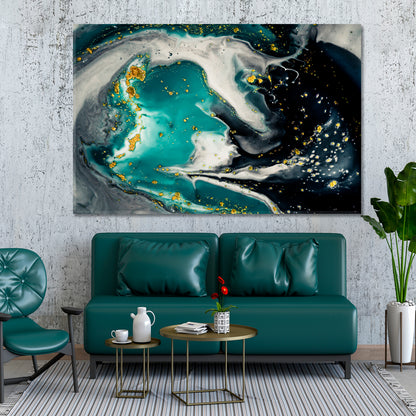 TURQUOISE DARK GRAY Metallic Steel Effect Abstract Pour Marble Liquid Fluid Art, Oriental Marbling Canvas Print Artesty   