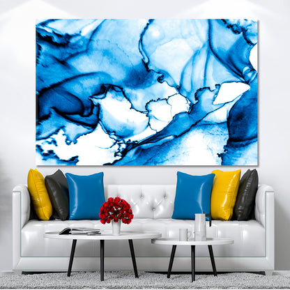 Alcohol Ink Smears Clouds Macro Indigo Blue Marble Winter Tones Fluid Art, Oriental Marbling Canvas Print Artesty   