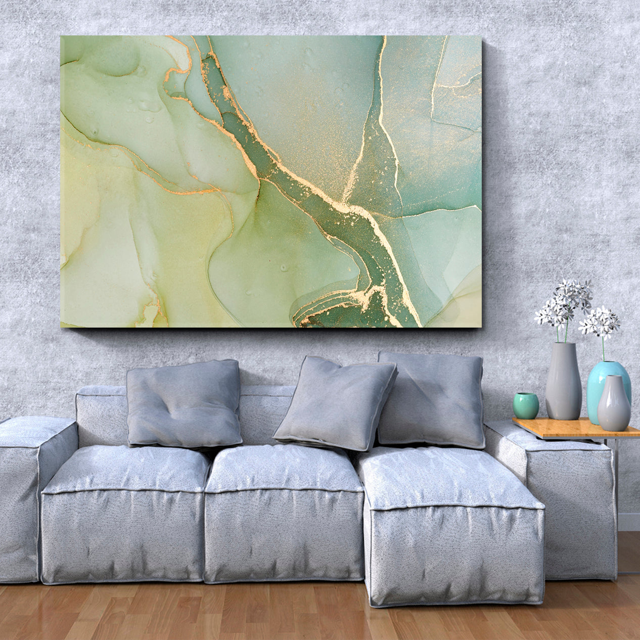 Soft Green Blue Pastel Ink Colors Marble Abstract Fluid Art, Oriental Marbling Canvas Print Artesty   