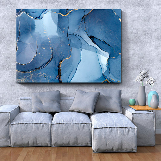 SHADES OF BLUE Marble Ink Color Pattern Creation Fluid Art, Oriental Marbling Canvas Print Artesty   