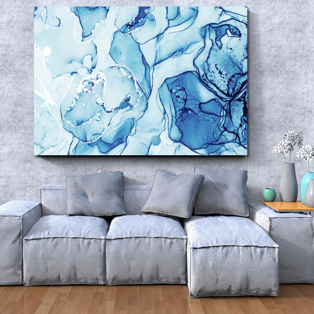 Alcohol Ink Sapphirine Blue White Sea Waves Marble Fluid Art, Oriental Marbling Canvas Print Artesty   